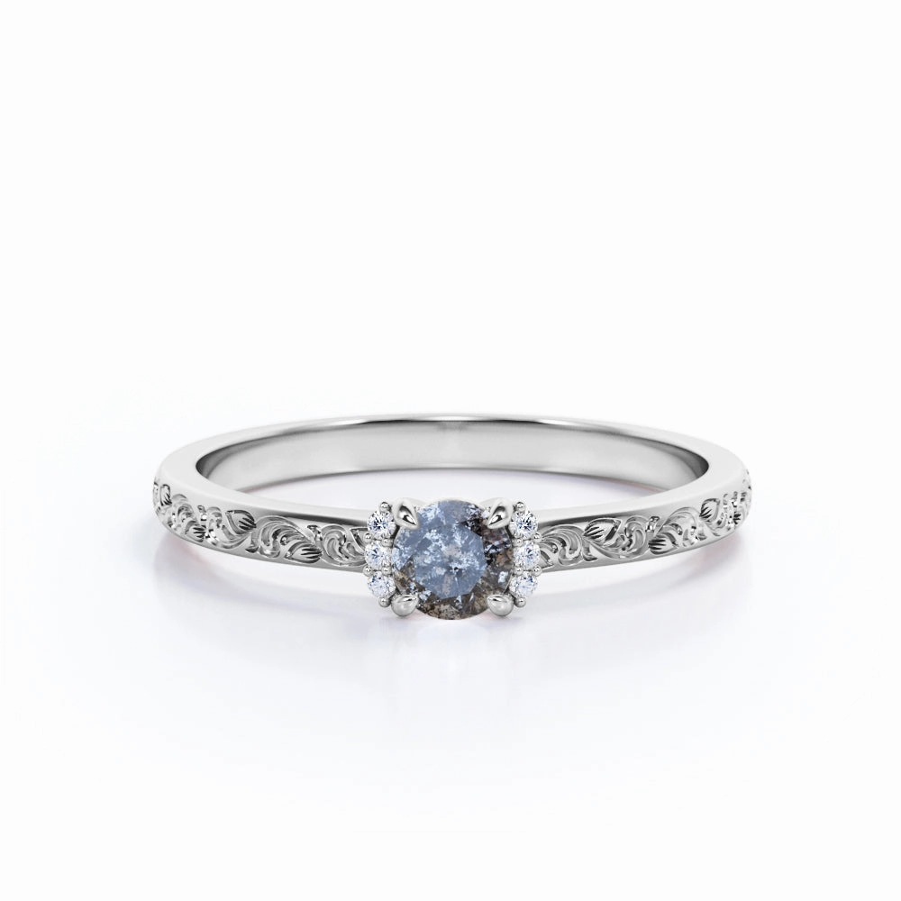 Refined Form 0.75 Ct Round Salt and Pepper Diamond Art Deco Engagement Ring