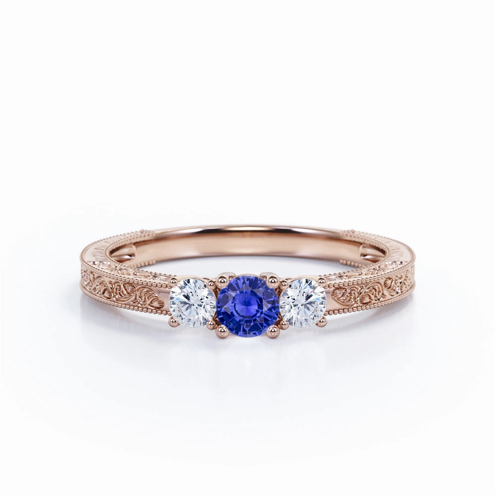 0.7 Ct Round Cut Lab Sapphire Filigree Engagement Ring Modern Art