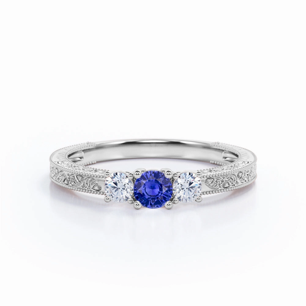Stylish Look Glittery Accent 0.7 Ct Round Cut Lab Sapphire Filigree Engagement Ring