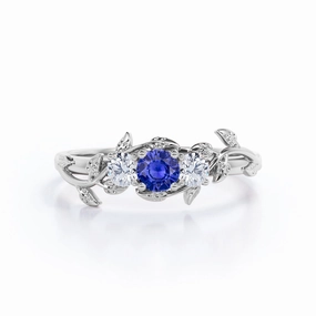 Secure Adornment Gift For Teens 0.7 Ct Round Cut Lab Sapphire Leaf Engagement Ring
