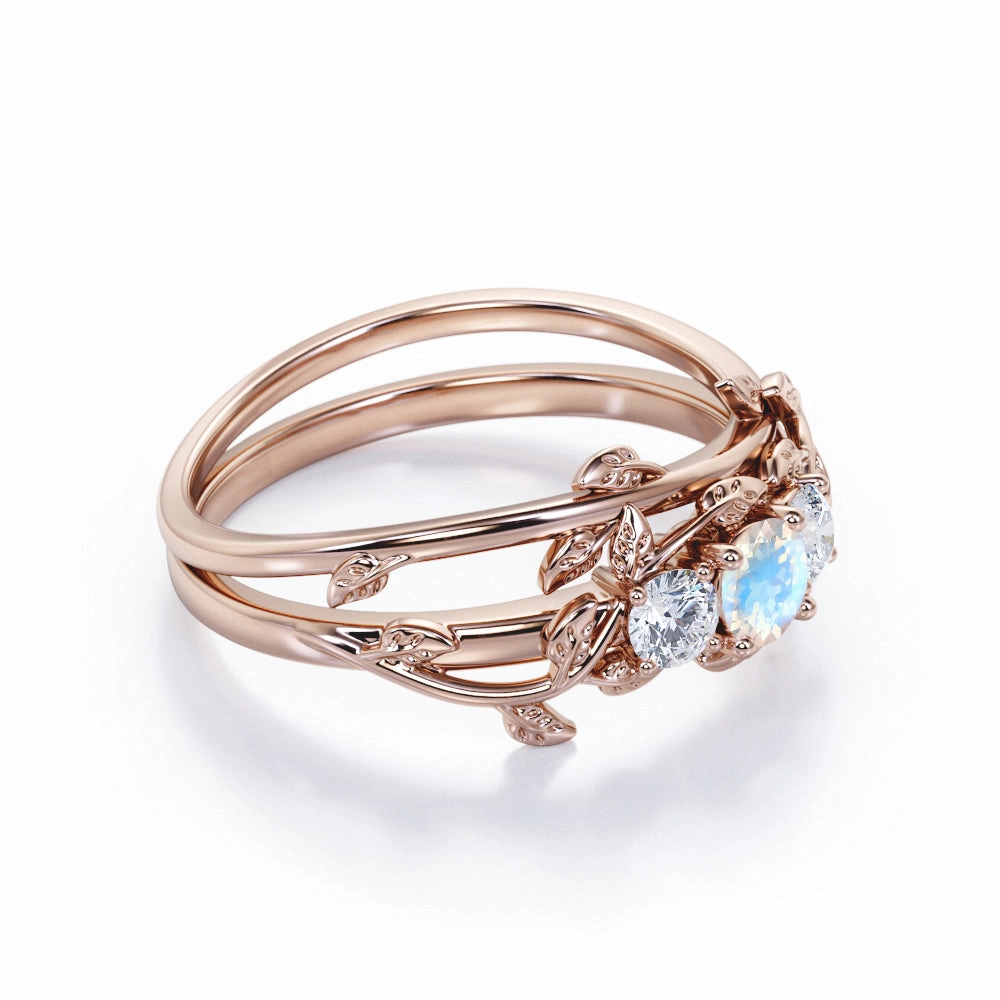 Luxury Craft Handcrafted Gift 0.7 ct Round Moonstone Leaf Vine Bridal Set