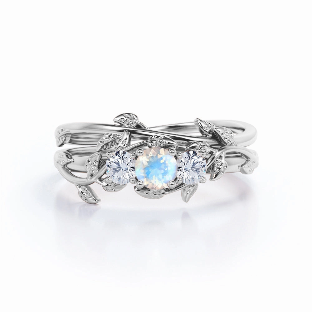 Stain Less Sturdy Decoration 0.7 ct Round Moonstone Leaf Vine Bridal Set