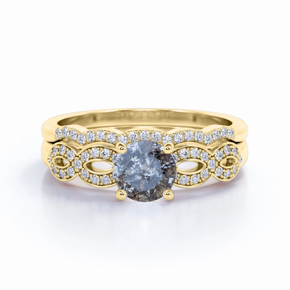 0.85 Ct Round Cut Salt and Pepper Diamond Twisted Wedding Ring Set Charming Gift Minimal Proportion