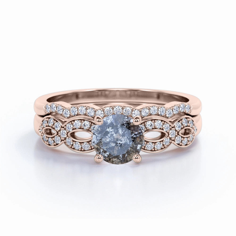 0.85 Ct Round Cut Salt and Pepper Diamond Twisted Wedding Ring Set Earth Friendly Classic Trinket