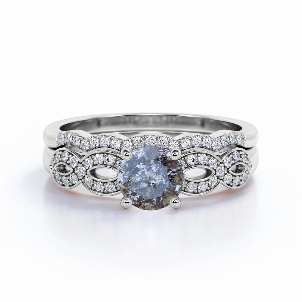 0.85 Ct Round Cut Salt and Pepper Diamond Twisted Wedding Ring Set Figurative Art Minimalist Emblem