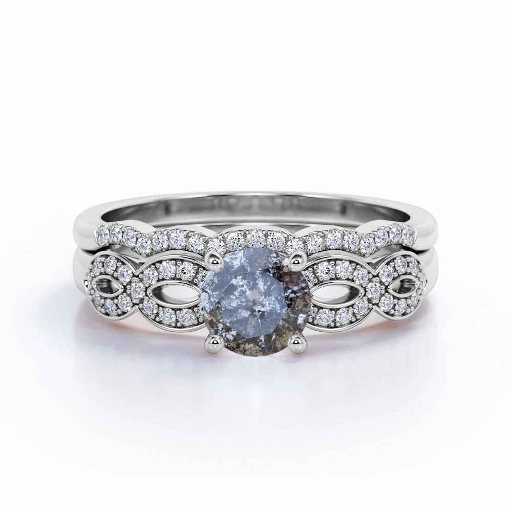 0.85 Ct Round Cut Salt and Pepper Diamond Twisted Wedding Ring Set Street Fashion Physical Store