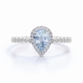 All Outfit Sturdy Symbol 0.85 ct Teardrop Aquamarine Halo Engagement Ring