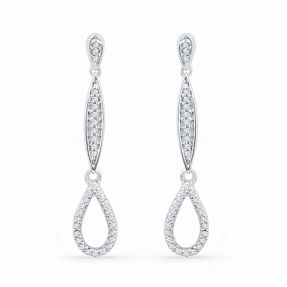 chic aesthetic 10k White Gold  Round Diamond Slender Teardrop Dangle Earrings 1/5 ctw
