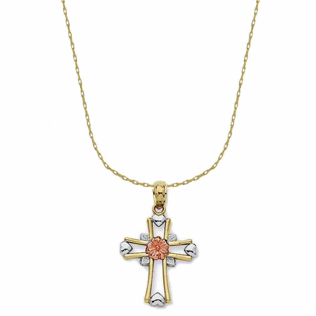 anniversary event 14k Gold Three-tone Flower and Heart Cross Necklace with 18-inch Chain