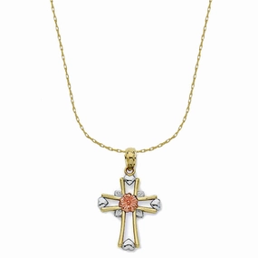 anniversary event 14k Gold Three-tone Flower and Heart Cross Necklace with 18-inch Chain