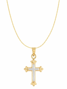 Warm Style 14k Gold Two-tone White and Yellow Small Fleuree Cross 18-inch Chain Necklace