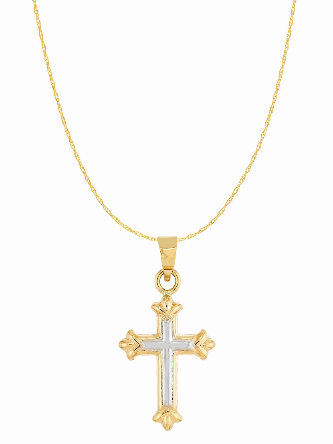 Warm Style 14k Gold Two-tone White and Yellow Small Fleuree Cross 18-inch Chain Necklace