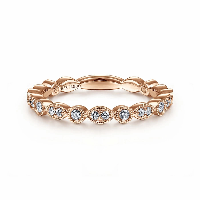 14K Rose Gold Marquise and Round Station Diamond Ring Style Statement Elegant Highlight