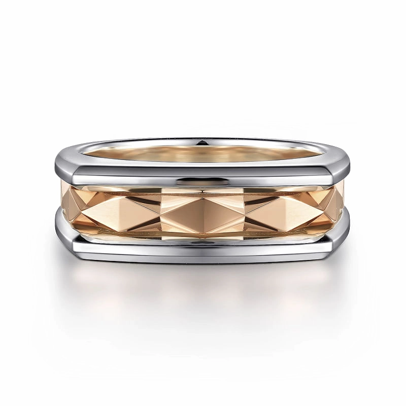 14K Rose-White Gold Faceted Ring in High Polished Finish Minimalist Design