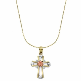 Value Style Soft Sparkle 14k Three-tone Yellow, White, and Rose Gold Flower and Heart Cross Necklace with 18-inch Chain