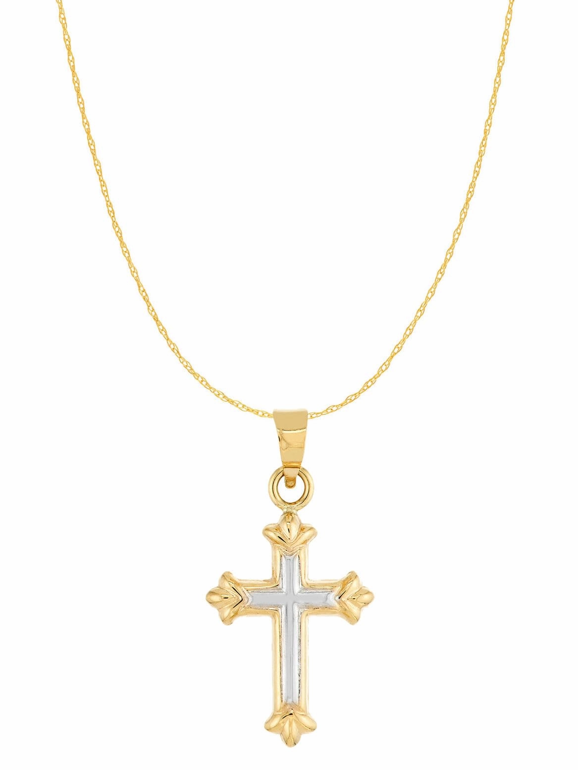 14k Two-tone White and Yellow Gold Small Fleuree Cross Necklace 18-inch Chain Crystal Piece