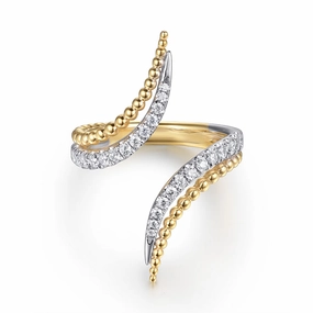 14K White & Yellow Gold Bujukan and Diamond Double Row Bypass Ring Timeless Detail Layered Spark