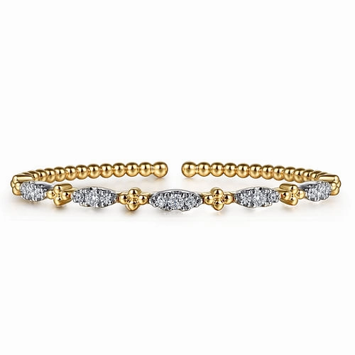 Radiant Statement Quick Shine 14K White & Yellow Gold Bujukan Beads and Diamond Station Split Bangle Bracelet