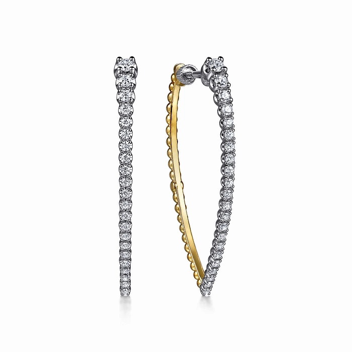 14K White and Yellow Gold Bujukan and Graduating Diamond Classic Hoop Earrings Effortless Detail