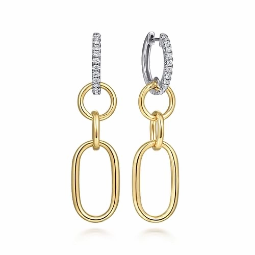 14K White and Yellow Gold Diamond Hollow Tube Huggie Drop Earrings Custom Shine Color Match