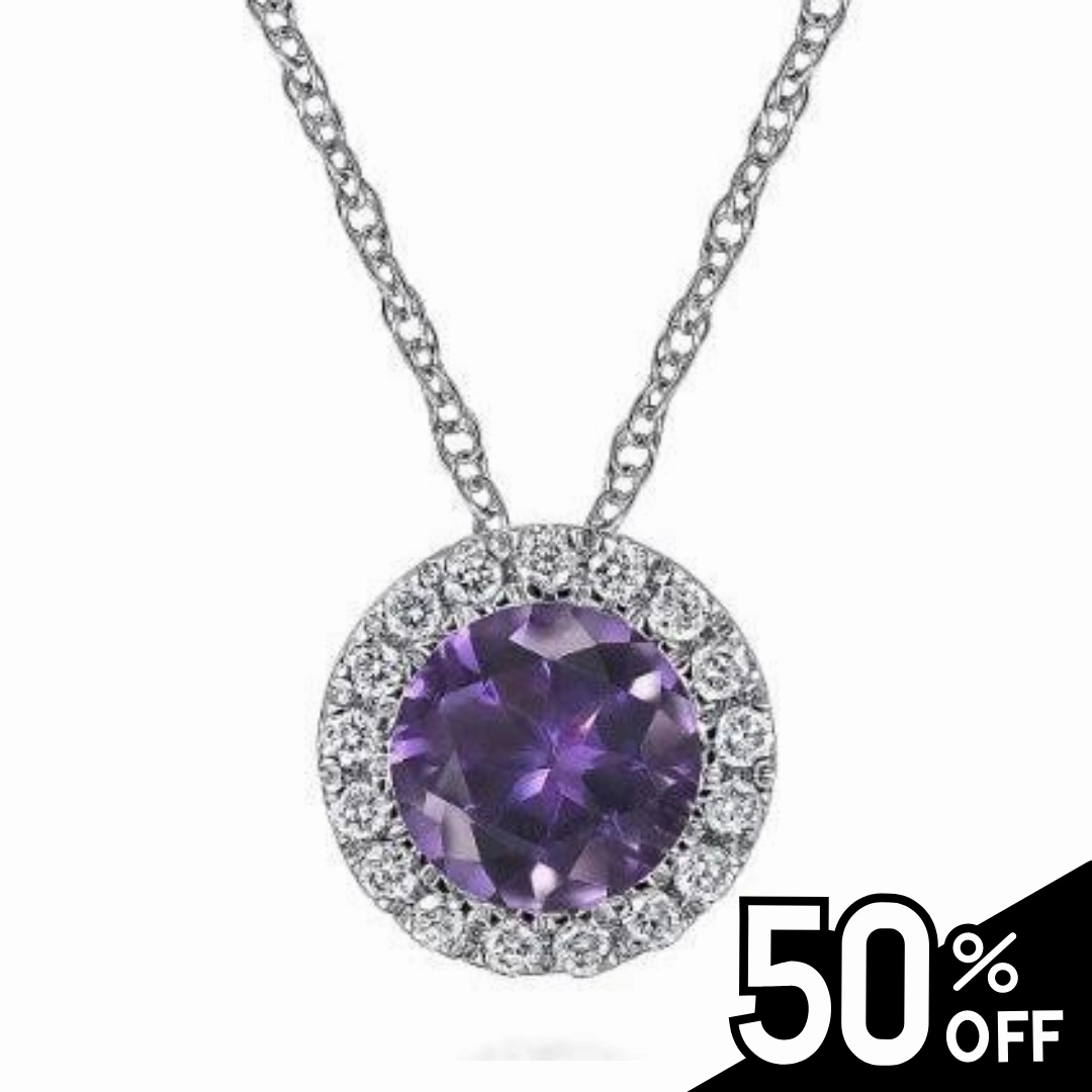 14K White Gold Amethyst and Diamond Halo Pendant Necklace Elegant Occasion Timeless Features