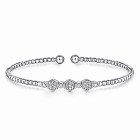 14K White Gold Bujukan Bead and Hexagon Cluster Diamond Bangle Gift Moment Sophisticated Appeal