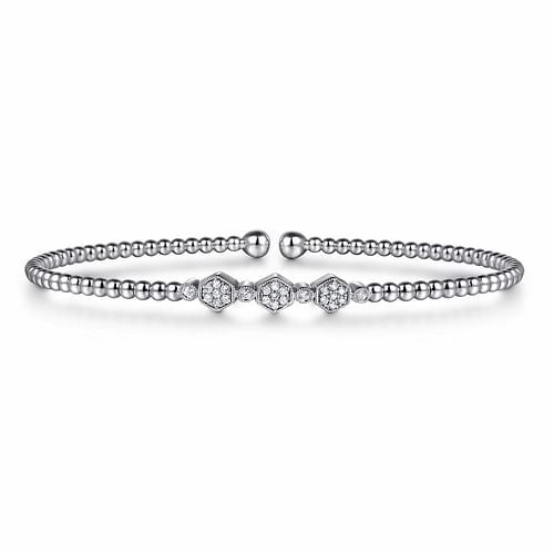 Luxury Taste 14K White Gold Bujukan Bead and Hexagon Cluster Diamond Bangle