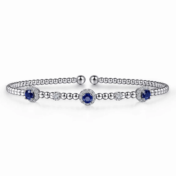 Classic Choice Pure Form 14K White Gold Bujukan Bead Cuff Bracelet with Sapphire and Diamond Halo Stations