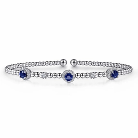 Classic Choice Pure Form 14K White Gold Bujukan Bead Cuff Bracelet with Sapphire and Diamond Halo Stations