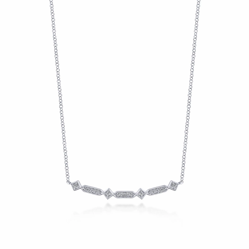14K White Gold Curved Geometric Diamond Bar Necklace Daily Essential