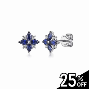 14K White Gold Diamond and Blue Sapphire Bursting Star Studs Expressive Style