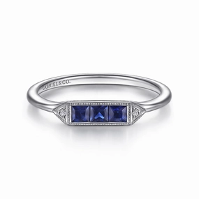 Sleek Shape Ornate Edge 14K White Gold Diamond and Trio Princess Cut Sapphire Ladies Ring