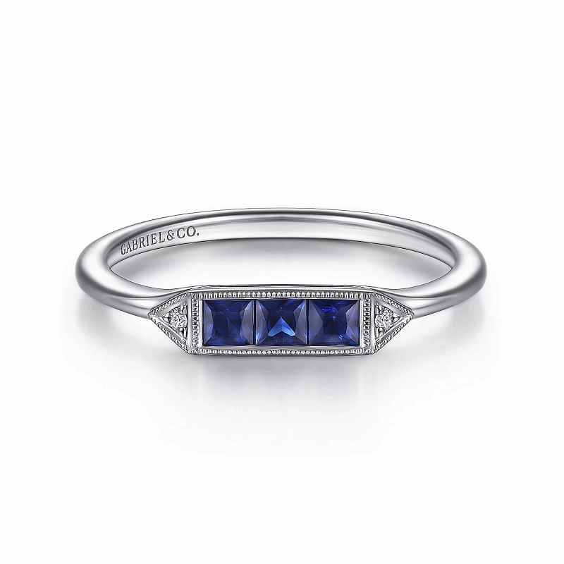 Sleek Shape Ornate Edge 14K White Gold Diamond and Trio Princess Cut Sapphire Ladies Ring