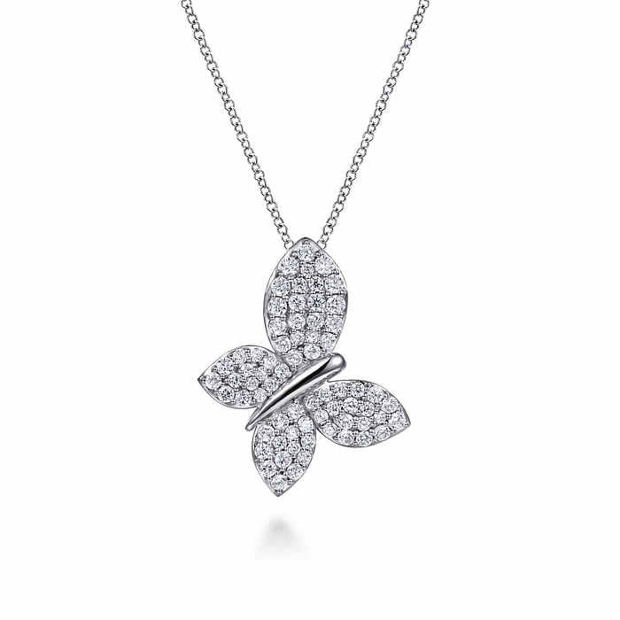 Balanced Feature 14K White Gold Diamond Butterfly Pendant Necklace