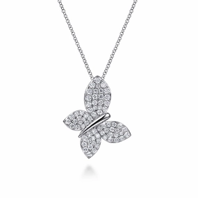 Balanced Feature 14K White Gold Diamond Butterfly Pendant Necklace