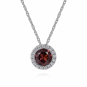 14K White Gold Garnet and Diamond Halo Pendant Necklace Perfect Gift Casual Charm
