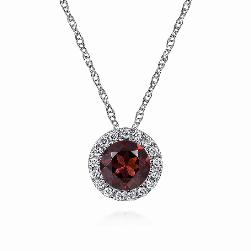 14K White Gold Garnet and Diamond Halo Pendant Necklace Perfect Gift Casual Charm