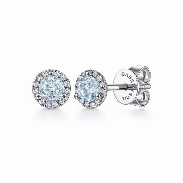 Understated Style Seasonal Style 14K White Gold Halo Aquamarine and Diamond Stud Earrings