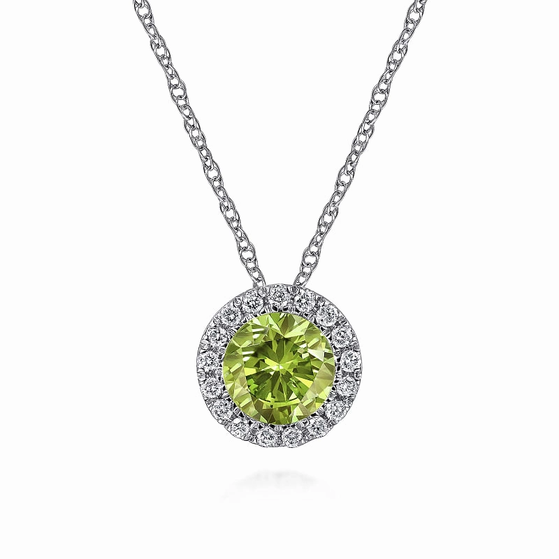 14K White Gold Peridot and Diamond Halo Pendant Necklace Trendy Spark Minimalist Piece