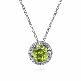 14K White Gold Peridot and Diamond Halo Pendant Necklace Trendy Spark Minimalist Piece