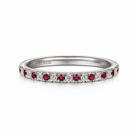 Versatile Charm 14K White Gold Thin Stackable Ruby and Diamond Ring