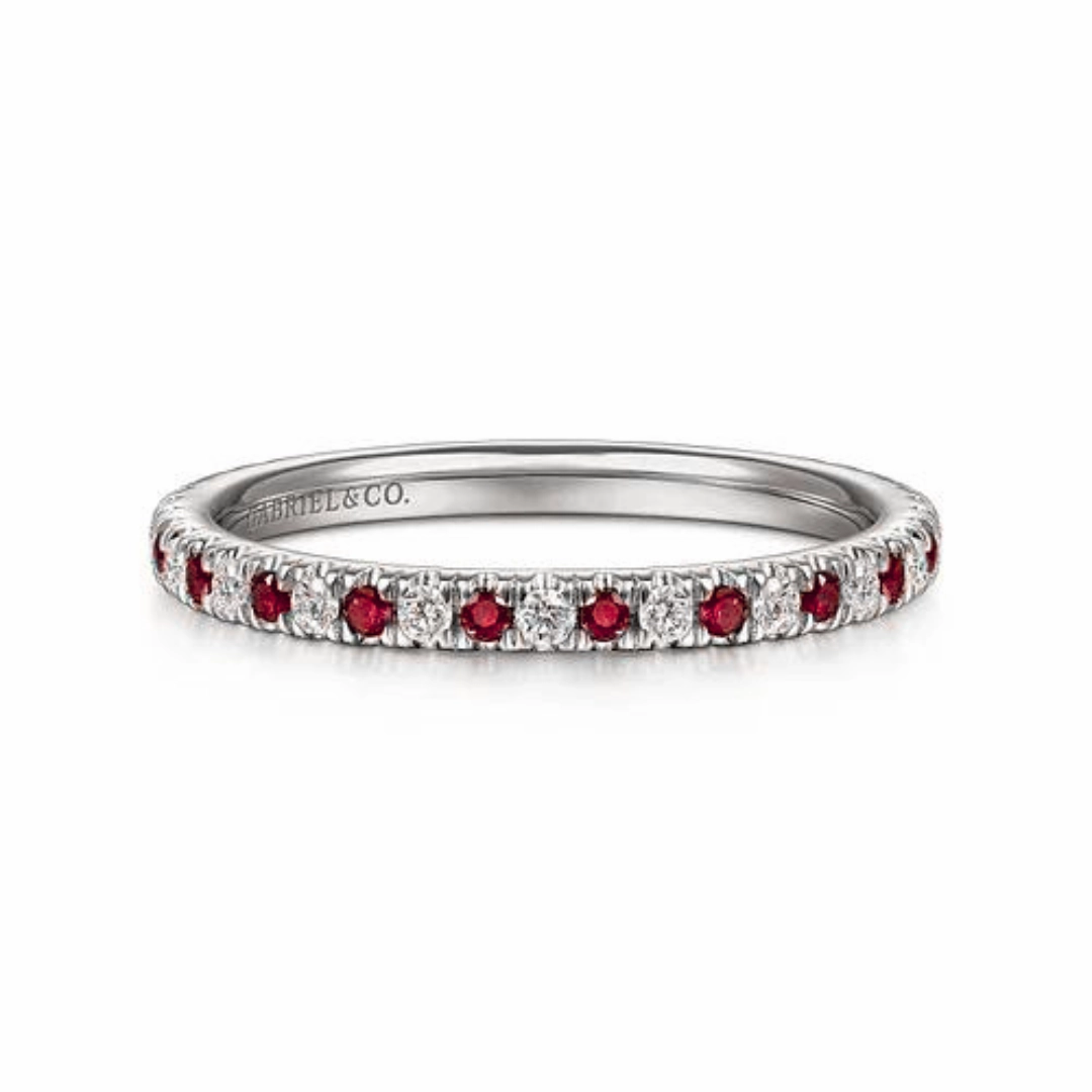 Versatile Charm 14K White Gold Thin Stackable Ruby and Diamond Ring