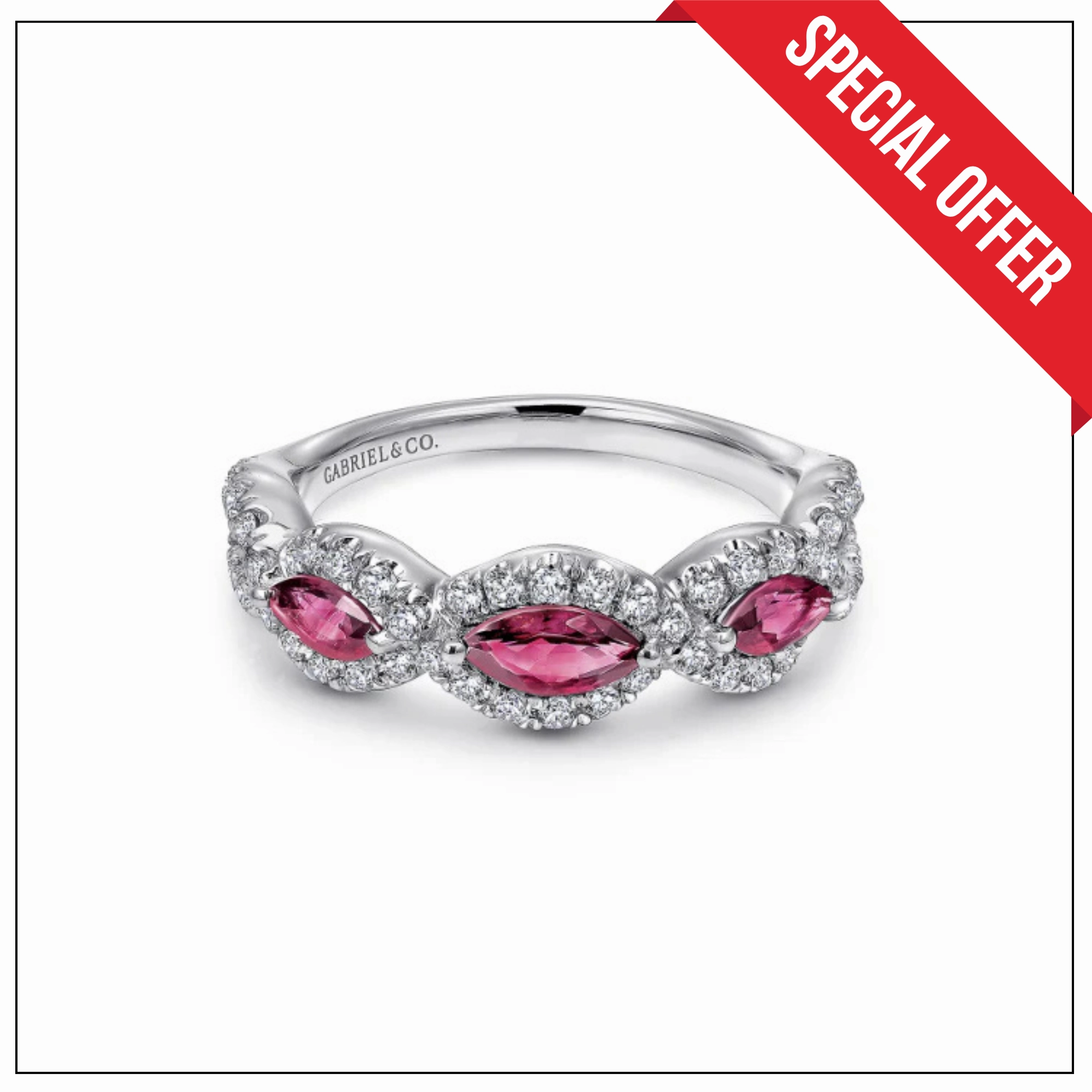 14K White Gold Twisted Diamond Rows and Ruby Marquise Stones Ring Daily Fit
