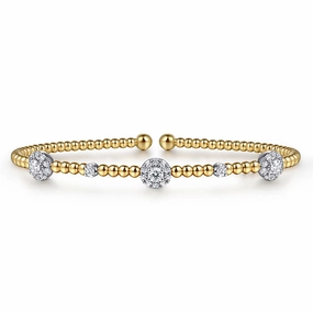 Polished Craft 14K White-Yellow Gold Bujukan Bead Cuff Bracelet with Diamond Cluster Stations