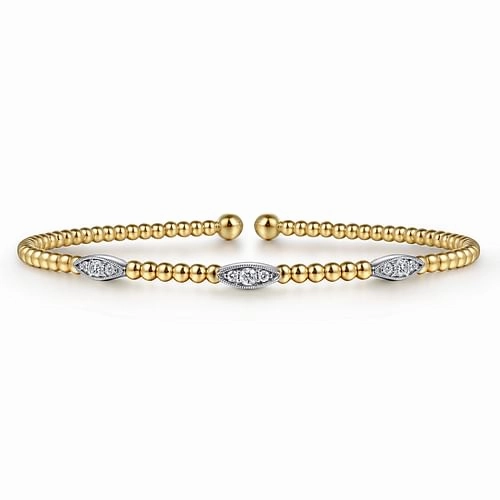 Bold Fashion Modern Glow 14K White-Yellow Gold Bujukan Diamond Marquise Stations Bangle