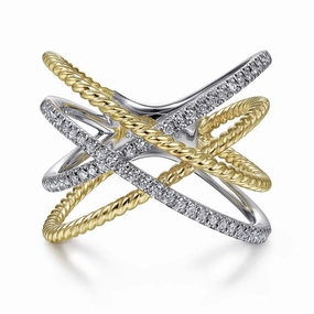 Minimal Spark Lux Appeal 14K White-Yellow Gold Twisted Rope and Diamond Criss Cross Ring