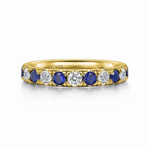 14K Yellow Gold 11 Stone Diamond and Sapphire Anniversary Band Impeccable Finish