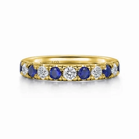 14K Yellow Gold 11 Stone Diamond and Sapphire Anniversary Band Impeccable Finish
