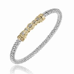 Modern Pair 14K Yellow Gold and Sterling Silver Diamond Bangle Bracelet