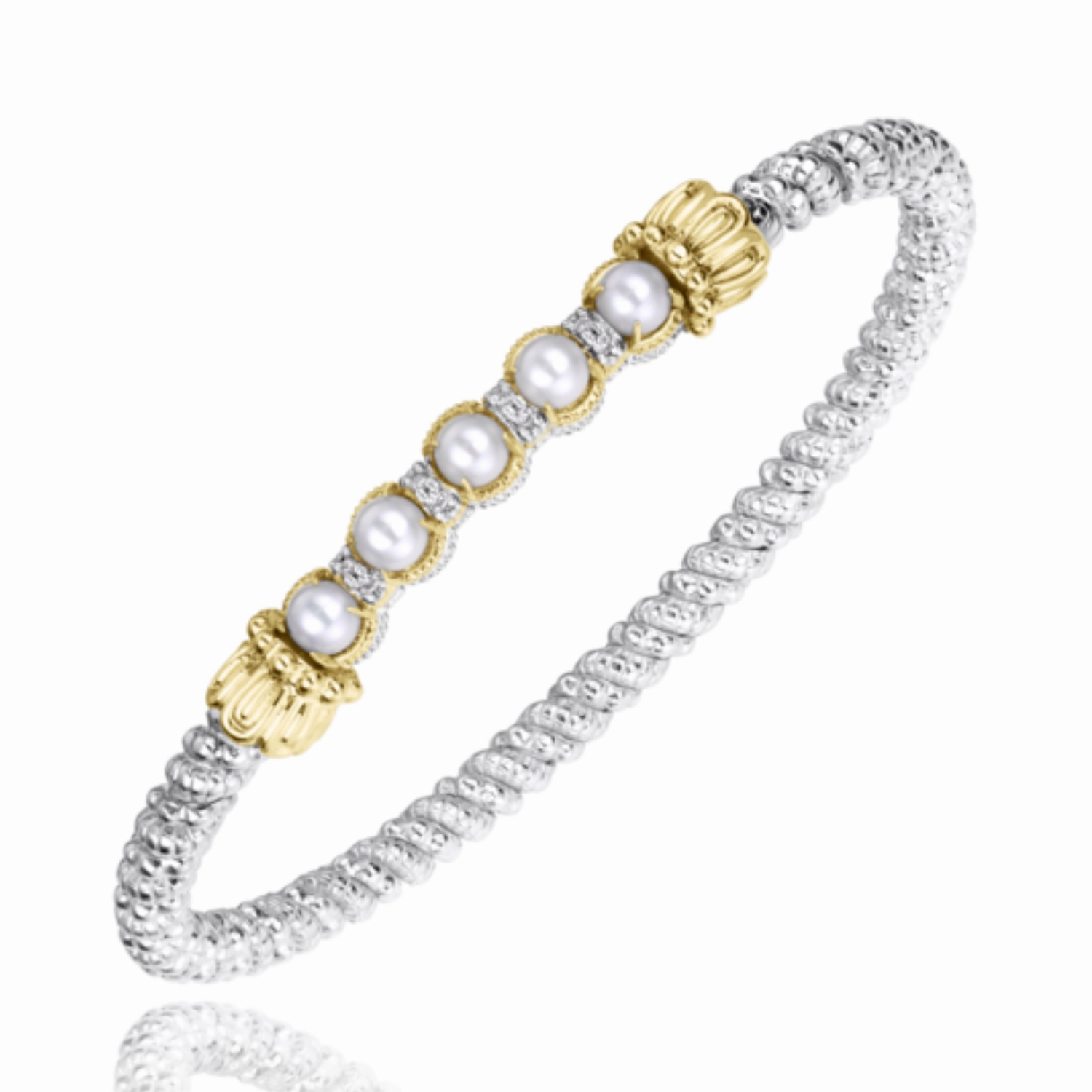 14K Yellow Gold and Sterling Silver Diamond Pearl Bangle Bracelet Gift Look Everyday Shine